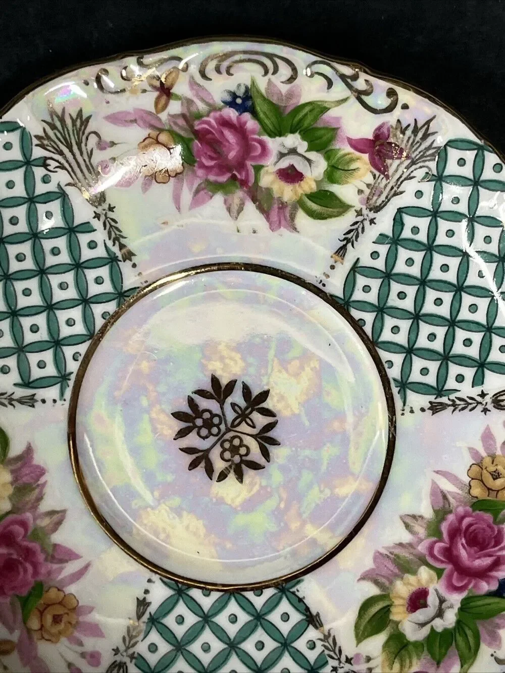 VTG L M Royal Halsey Very Fine Teacup & Saucer Floral Pink Green Gold Iridescent